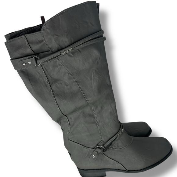 NEW Journee Gray Knee High Boots Size 8WC Wide Calf Faux Leather Riding Tall NWT - Picture 1 of 13
